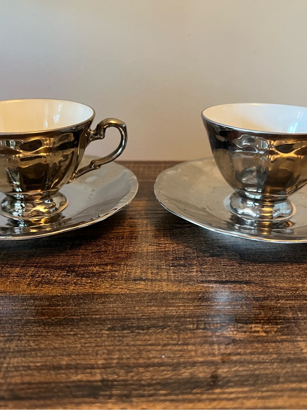 J. Kronester Bavaria Porcelain Silver White Germany 2 demitasse cups saucers